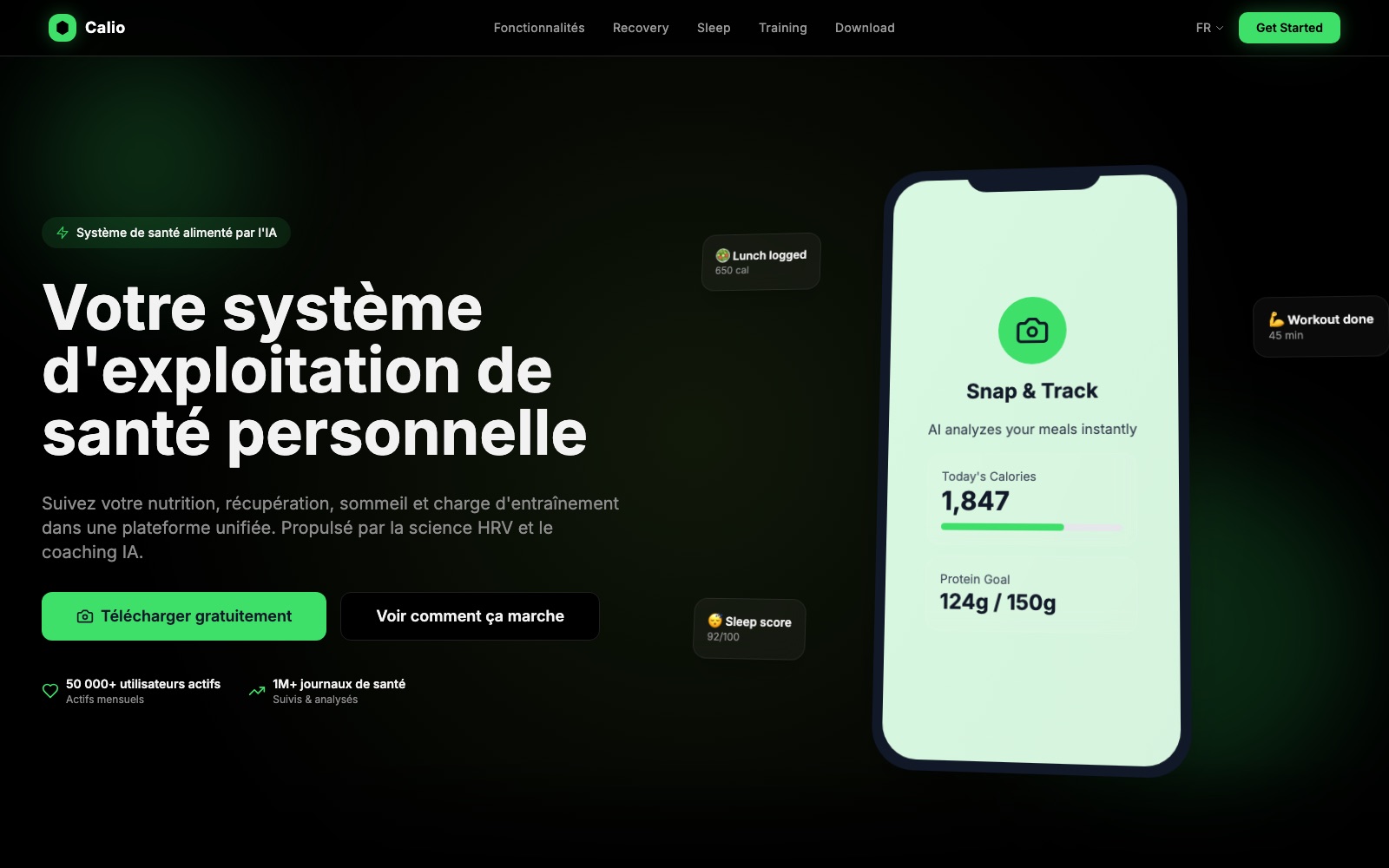 Calio, application mobile de santé : suivi nutrition, sommeil et entraînement avec coaching IA